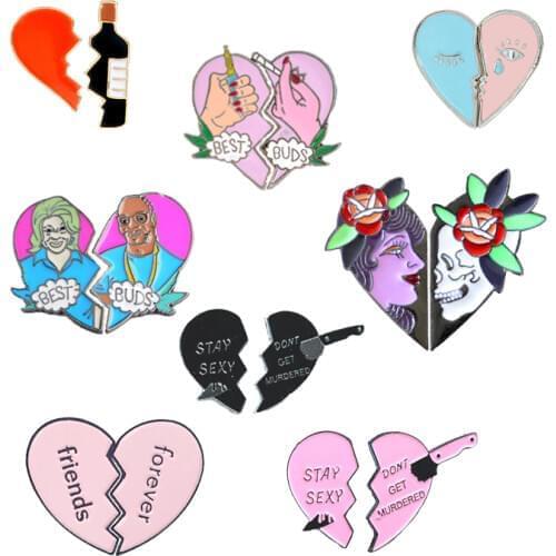 Best Friends Two Half Heart Metal Enamel Brooch Broken Wine Bottle Lighter Badge Pin Personality Trendy Costume Jewelry Gift