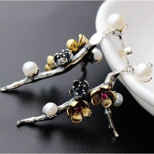 925 Sterling Silver Freshwater Pearls Cherry Blossoms Branch Post Stud Earrings Women Jewelry A1779