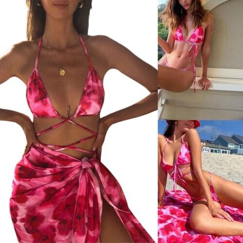 Foohoostore Womens 3Pcs Tie-dyed Bikini Set Split Style Deep V-neck Lace-up Bandage Halter Tops with Thong Briefs + Beach Scarf