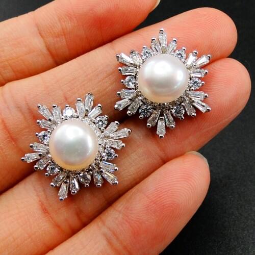 Hot Selling Engagement Wedding Women Jewelry 925 Sterling Silver Freshwater Pearl & CZ Mushroom Women Stud Earrings for Gift