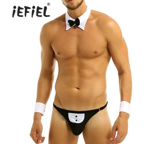 IEFiEL Sexy Mens Waiter Lingerie Suit Clubwear T-Back Tuxedo Costume String Homme Thong Jockstraps Underwear with Bow Tie Collar