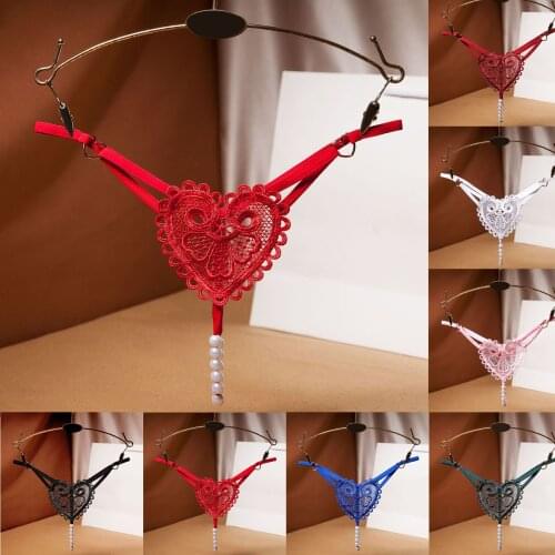 Lace Sexy Thong Fashion Ultra-Thin Hollow Briefs Pearl Love Embellished Thong Panties Thong Briefs Women Underwear 2021 New