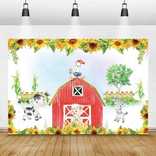 Laeacco Sunflowers Farm House Fence Animals Tree Photography Backgrounds Birthday Backdrops Baby Shower Photophone Photocall