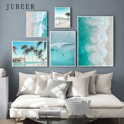 Boat Ocean Waves Overhead Picture Nature Scandinavian Poster Nordic Decoration Sandy Beach Bus Print Wall Art Canvas Painting