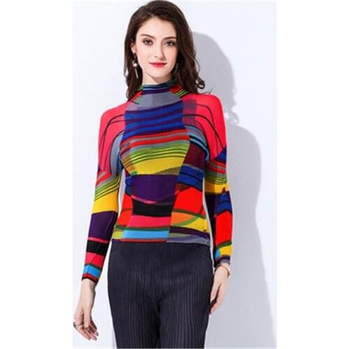 Miyake fold printing bottoming shirt spring and summer new temperament semi-high neck short-sleeved t-shirt was thin top women