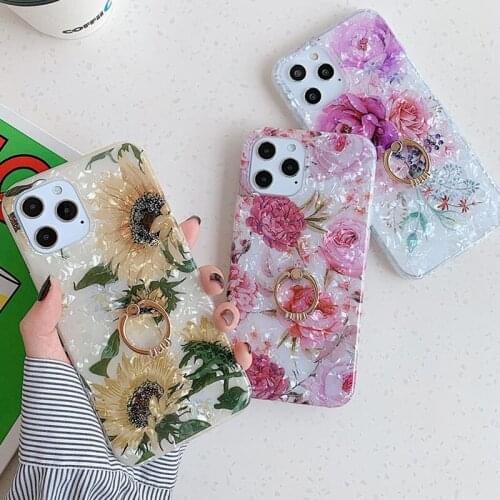 Flower Shell Pattern Soft Phone Case for iPhone 12 Mini 11 Pro XS Max XR SE 2020 Fashion Floral Finger Ring Stand Holder Cover