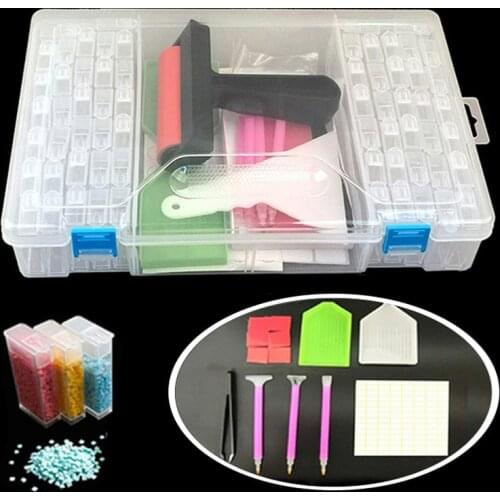Diamond Painting Tools Sets with 64/56/42/28 Cells Plastic Storage Box Funnel Stickers etc for Diamond Painting Embroidery Tool