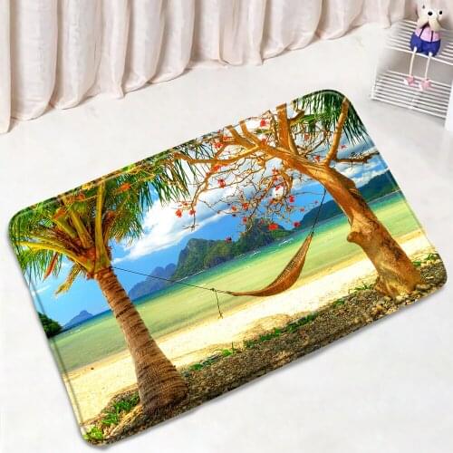 Beach Tropical Landscape Bathroom Mat Ocean Coconut Palm Beach Non-Slip Rug Flannel Suede Home Decor Bath Kitchen Doorway Carpet