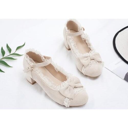 Sweet Lolita Shoes Bow Single Shoes Size Size Student Mori Japanese Style round Toe Chunky Heel Fairy Shoes