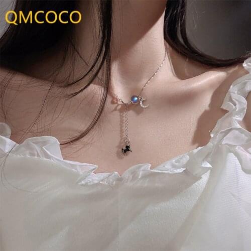 QMCOCO 925 Silver Charm Necklace For Women New Trendy Glisten Moon Pendant Clavicle Chain For Bride Jewelry Accessories