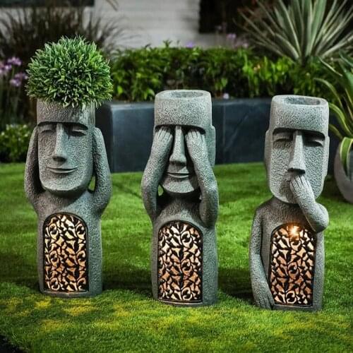 Garden Easter Island Statues See Hear Speak No Evil Garden Ornaments Resin Sculpture Outdoor Decoration for Succulent Plant