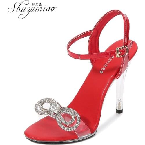SHUZUMIAO New Rhinestone Butterfly-knot Design Women Pumps Elegant High Heels 11CM Sexy High-heeled Sandals Red Party Shoes