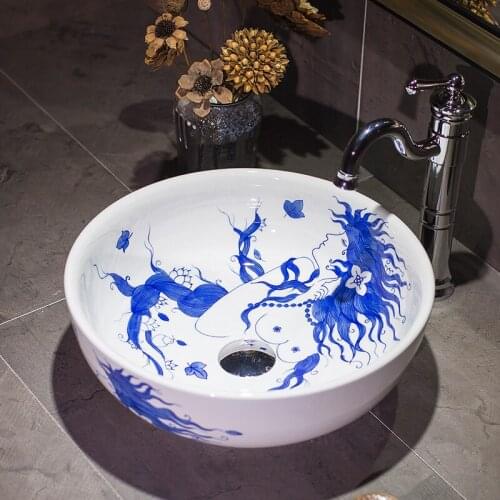 Blue and white Jingdezhen ceramic art countertop wash basin bowl bathroom sinks