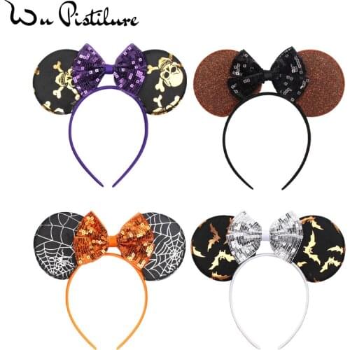 Minnie Mouse Ears Halloween Headband for Girls Printed Sequin Bow Stain Hairband Hair Hoop Dance Party Children Hair Accessories