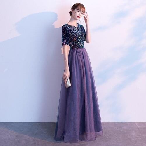 Sequins evening dress long pink formal dress evening gown with sleeve robe de soiree PRO30075