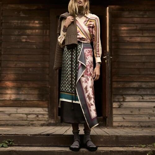 Za Skirts Women 2021 Two Piece Set Vintage Print Simulation Silk Blouse and High Waist Wrap Skirt Casual Dress Sets Club Outfits