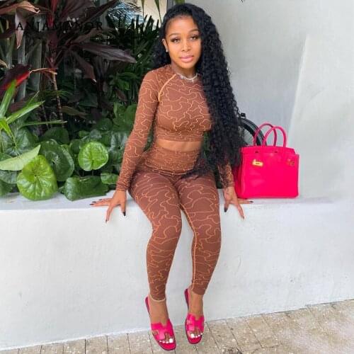 ANJAMANOR Sport Two Piece Set Fall 2021 Fashion Brown Printed Leggings Long Sleeve Crop Top Activewear Tracksuit Women D16-CF31