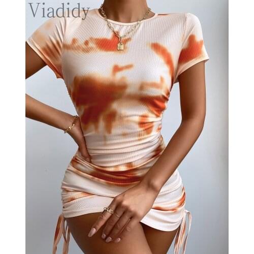 Women Tie-Dye Print Ruched Side Drawstring Short Sleeve Mini Dress