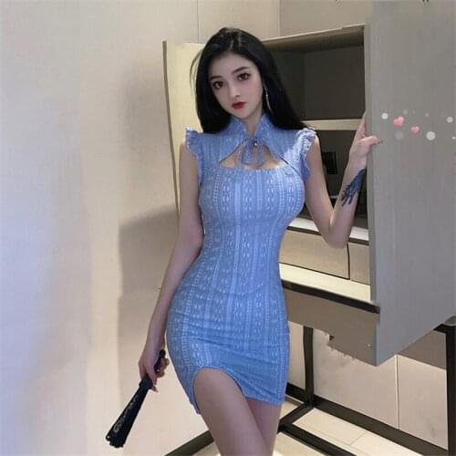 2021 Summer New Womens Sexy Lace Stitching Ruffled Slim Fit Hip Cheongsam Dress
