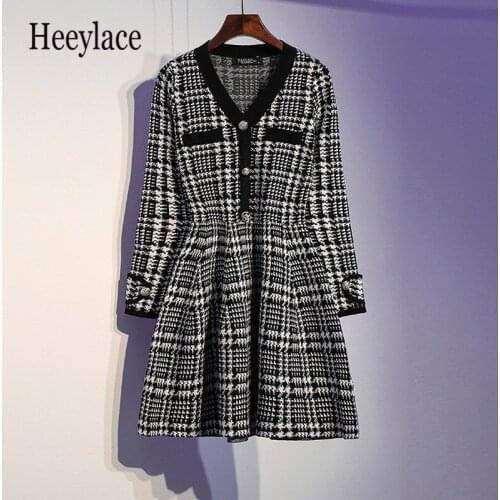 Plus size thick tweed winter dress women autumn vintage wool warm plaid high waist dress office ladies elegant a line dresses