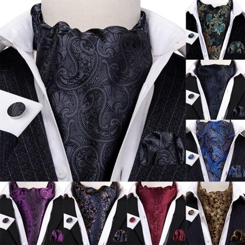 Gold Mens Vintage Floral Silk Paisley Formal Cravat Ascot Tie Handky Cufflinks Set for Gentlemen Wedding Casual Barry.Wang