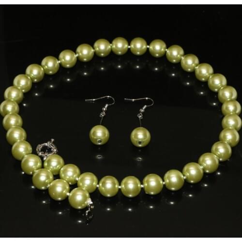 12mm light green round simulated-pearl shell beads necklace earrings for women high grade unique design jewelry set 18inch B2325