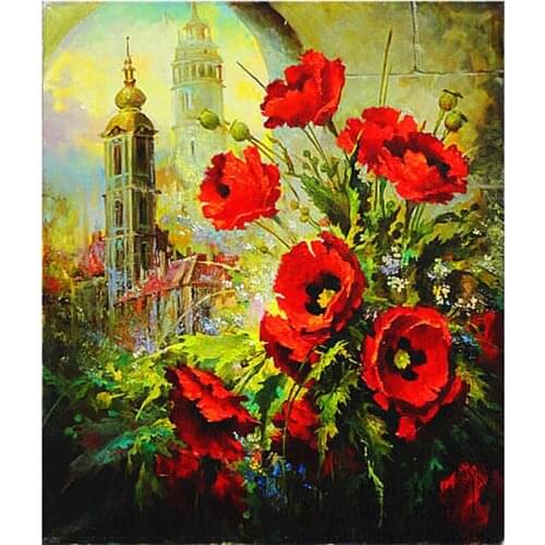 2015 Top Fashion Paintings Pastoral Resin Plant square castle red poppy Flower Diamond Painting Diy Cross Stitch Mosaic A615R
