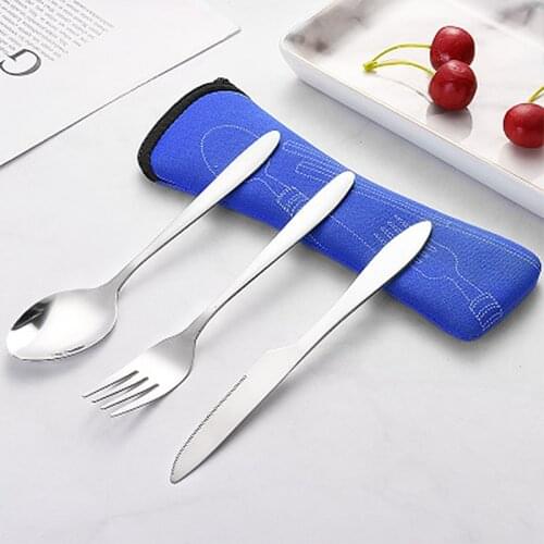 3Pcs 410 Stainless Steel Knifes Fork Spoon Set Family Travel Tableware Camping Cutlery Cloth Bag Three-Piece Dinnerware Kitchen