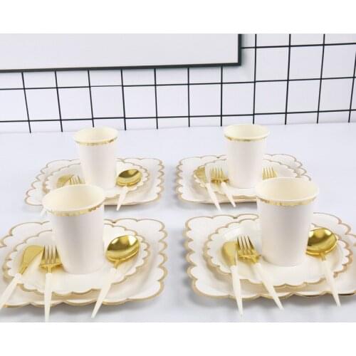 White Paper Plate Cup Disposable Tableware Cake Dessert Plate Knife Fork Spoon Supplies Childrens Birthday Party Decoration