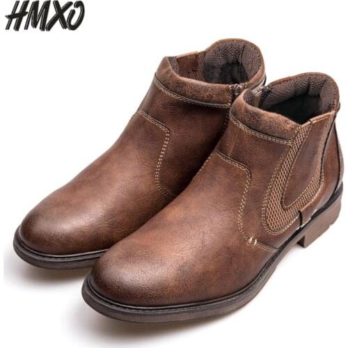 HMXO British Style Work Boots Chelsea Short Boots Hollow Flat Round Head Men Shoes Brown Martin Boots Men Casual Leather Boots