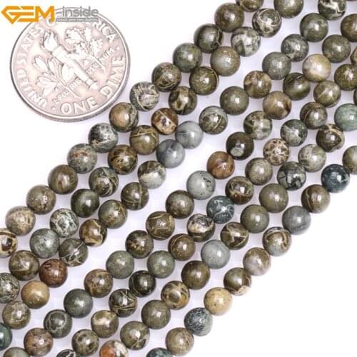Gem-inside Natural Round Smooth Green Bre Jasper Stone Beads for Jewelry Making 15inches DIY Christmas Jewellery