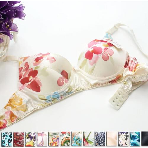 Pure silk Bra Double Faced Silk Wire Sponge Thin 100% Mulberry Silk Print Bras 34/75-40/90AB FREE SHIPPING