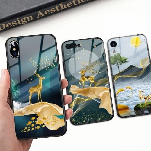 Deers Pattern Iphone Case Cover Case Tempered Glass For Iphone 11 12 Pro Max 6 7 8 Plus X XR XS Max