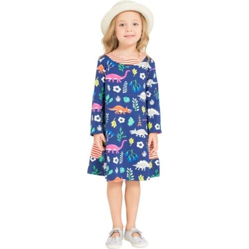 Jumping Meters 3-12T Dinosaurs Print Cotton Autumn Spring Kids Girls Dress with Pockets Long Sleeve Princess Children Clothes