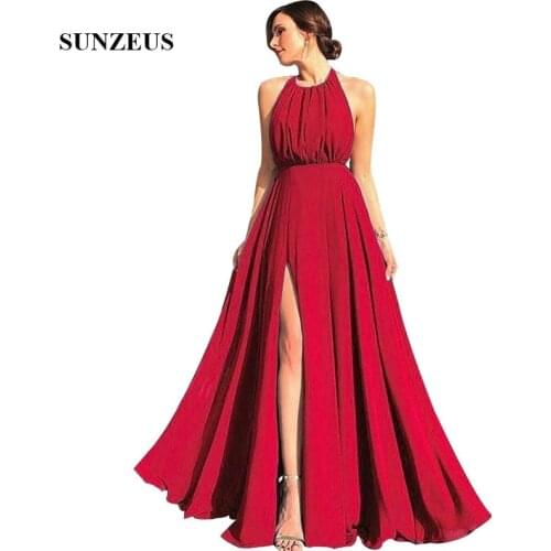 Long Red Chiffon Prom Dresses 2019 A-line Halter Neck Sexy Backless Party Gowns With Side Slit Women Speical Occasion Dress