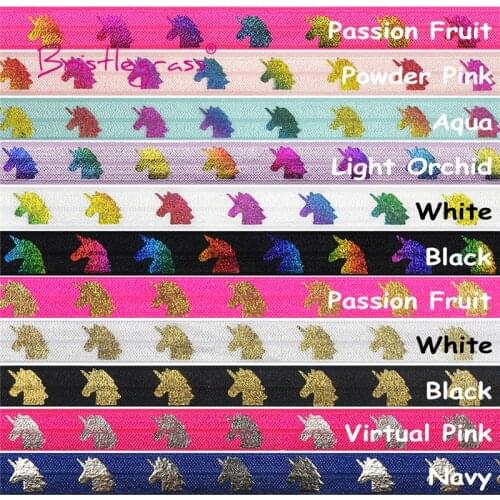 BRISTLEGRASS Combo 11 Yard 5/8" 15mm Rainbow Silver Gold Unicorn Foil Print Fold Over Elastic FOE Spandex Band Tutu Dress Sewing