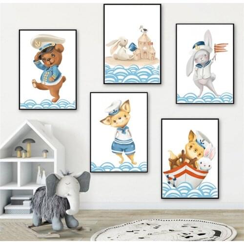Cute Captain Bear Rabbit Ship Sailing Cartoon Wall Art Canvas Painting Nordic Posters And Prints Wall Pictures Kids Room Decor