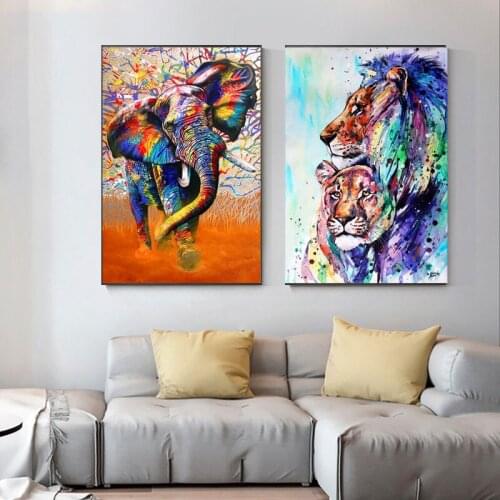 Colorful Animals Lion and Elephant Canvas Painting Wall Art Nordic Posters and Prints Wall Pictures for Living Room Decoration