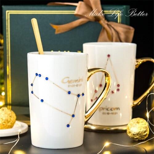 12OZ Creative Purple and Blue Diamond Ceramic Coffee Mug Porcelain Tea Cup with Gold Painted as Gift with Lid and Spoon