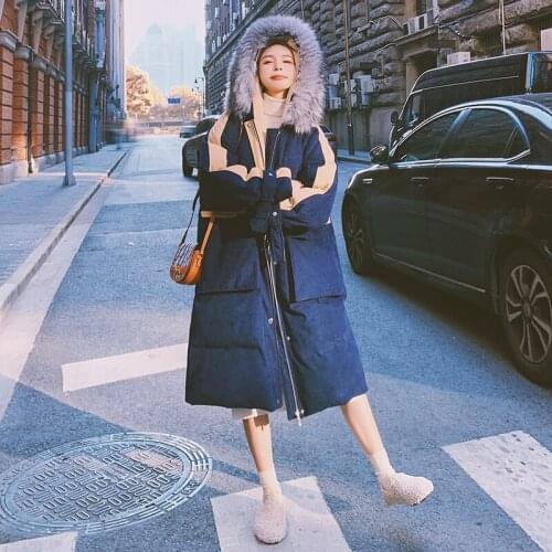 Winter Padded Jacket Female Korean Loose Plus Size Navy Blue Hooded 2021 New Long Hair Collar Thick Corduroy Warm Womens Coat6N