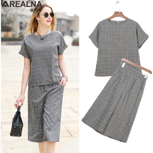 Summer Womens Tracksuit Suit Set Two Piece Set Short Sleeve Plaid Top and Leg Pants 2 Piece Set Women Plus Size Lounge Wear Set