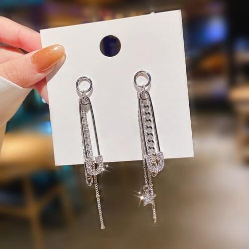 Fashion Sivler Color Rhinestone Pin Design Long Tassel Drop Earrings for Women Korean Style Party Jewelry 2020 Pendientes C328