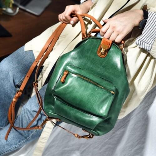 High Quality Genuine Leather Ladies Green Backpack Multi-function Leather Women Small Bookbag Fashion Vintage Green Cute Bagpack