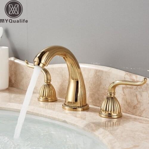 Widespread 3 Holes Golden Basin Faucet Dual Handle Deck Mounted Bathroom Vessel Sink Tap Hot Cold Water Basin Mixer Tap