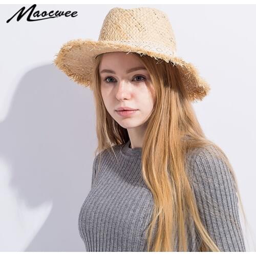 100% Raffia Straw Spring Summer Women Travel Beach Sun Hat For Elegant Lady Fedora Floppy Wide Brim Panama Sunbonnet for Gifts