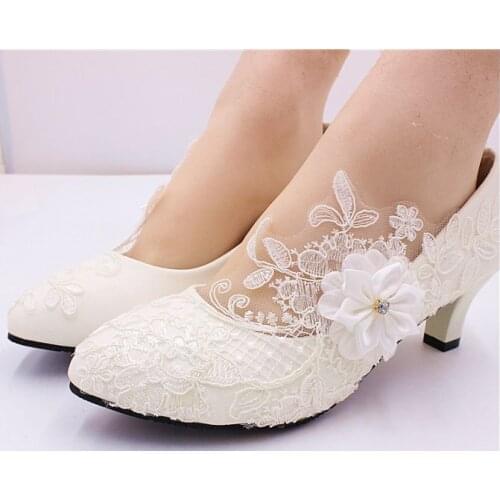 Plus size bridal shoe 41 42 middle 5cm heel ivory lace flower handmade sweet fairy ladies bridesmaid bridal shoes