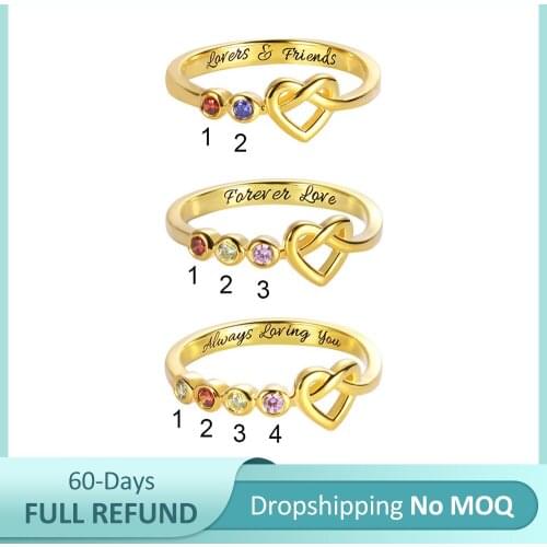 Uonney Dropshipping Personalized Birthstone Heart Ring Customized Heart Engraved Ring Perfect Christmas Gift Valentine Present