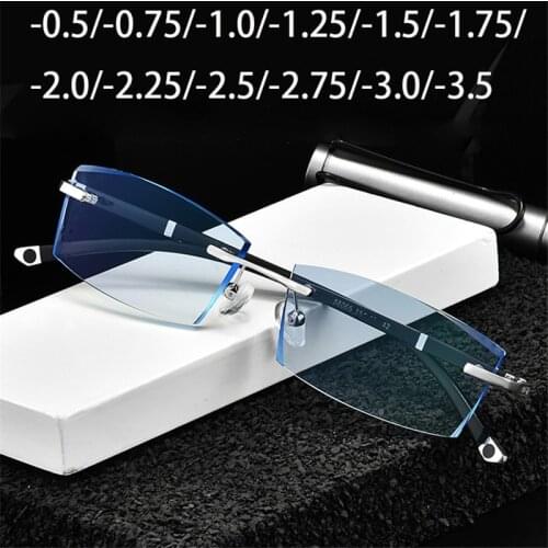 Vazrobe Myopia Glasses Male Rimless Light Blue Tint Lens MR-8 Strong Men Eyeglasses Frame -0.5 0.75 -1.00 1.25 1.75 2.25 2.5