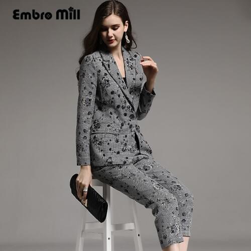 High-end autumn winter women Suit rayon vintage floral slim beading coat +calf-length pants 2 pieces lady set female M-XXL