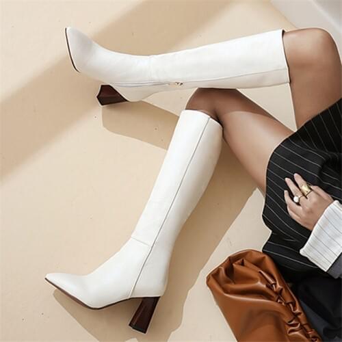 New Ladies boots high heel party boots ladies long boots solid colors Pointed toe autumn winter knee high boots women white